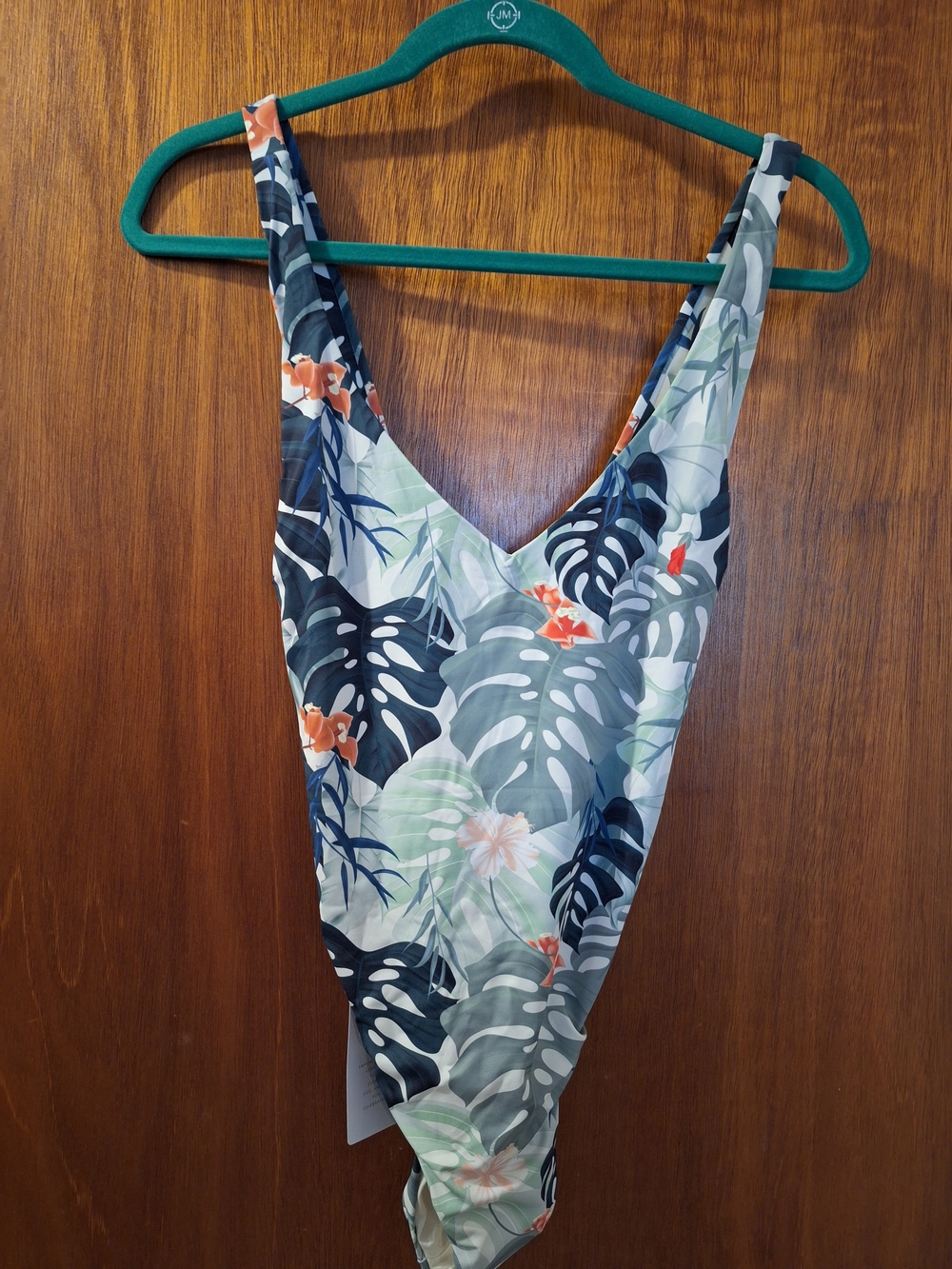 Toluca Tropical Leaf V‑Neck One-Piece in Green, Navy & Orange